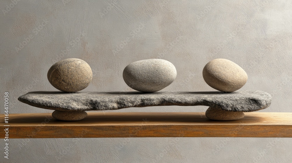 Poster balancing stones on a wooden shelf representing zen tranquility and mindfulness with space for text 