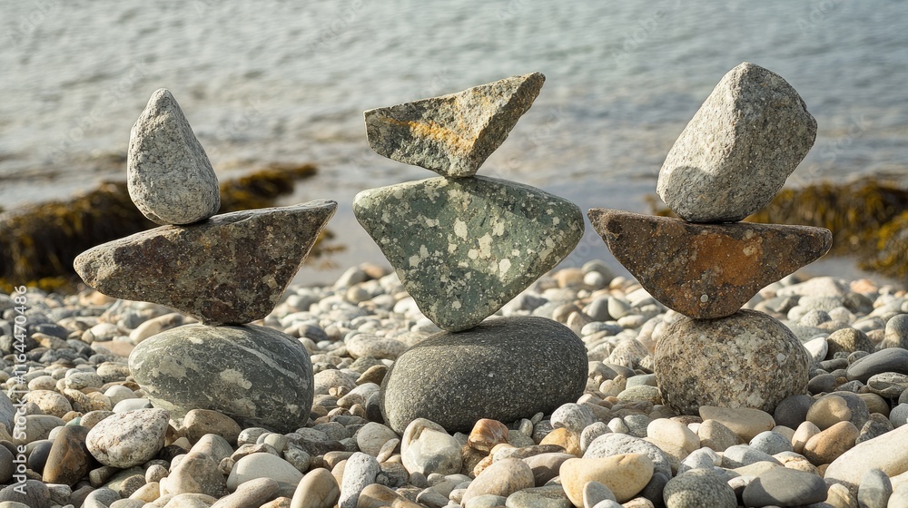 Poster balanced stones arranged harmoniously on a serene pebble beach with gentle waves in the background c
