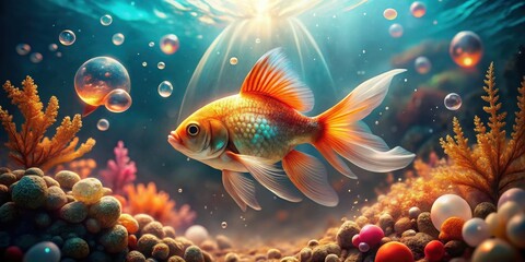 Fototapeta premium A vibrant goldfish gracefully swims amidst colorful underwater flora and shimmering bubbles in a serene aquatic scene
