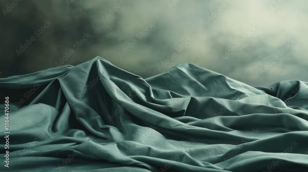 Poster dramatic green fabric with intricate folds against a moody overcast background creating a stormy and
