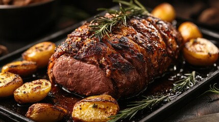 Roasted meat with golden potatoes garnished with rosemary on a rustic tray ready for serving in a cozy restaurant setting