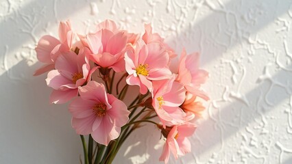 Delicate Pink Begonia Bouquet, Hand-Tied Flowers with Soft Foliage on White Textured Background