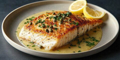 Pan-seared sea bass fillet garnished with lemon and capers served elegantly