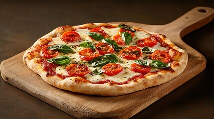 Classic Pizza Margherita with Fresh Mozzarella and Basil on Wooden Board
