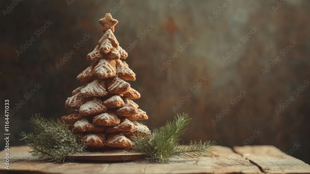 Canvas Prints Gingerbread Christmas tree decorated with sugar and accompanied by fresh evergreen branches on a rustic wooden table