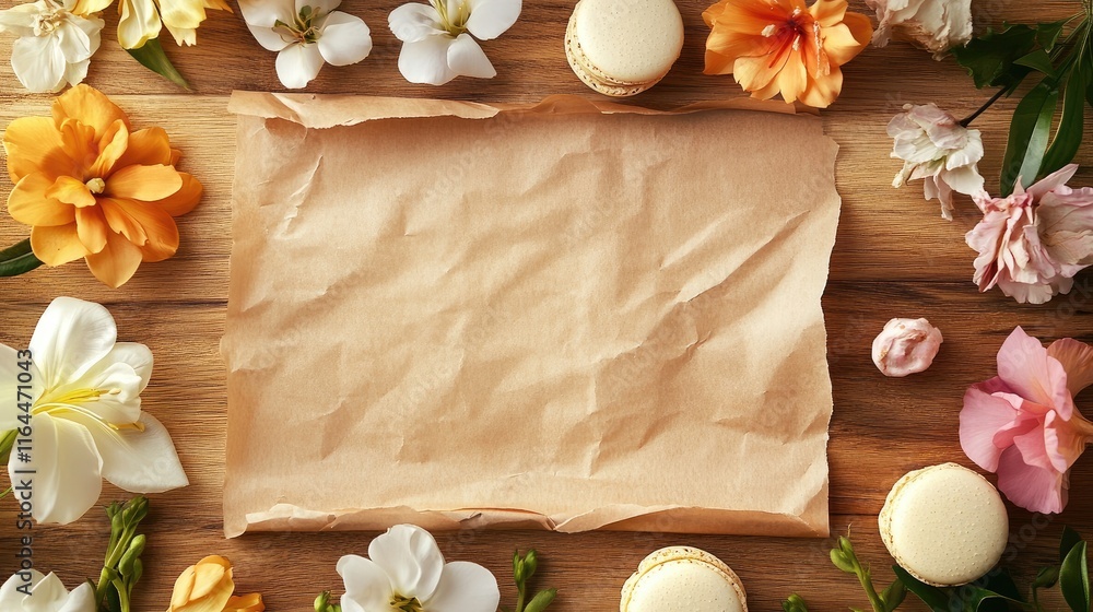 Poster delicate macaroons arranged with vibrant flowers on textured baking paper creating an inviting desse