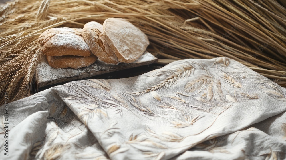 Aufkleber bakery products on a decorative tablecloth with wheat straw backdrop showcasing rustic charm and cul