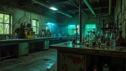 Eerie Abandoned Laboratory, Mysterious Green Tinted AI Generated Image of Old Chemistry Lab with Vintage Equipment and Glassware