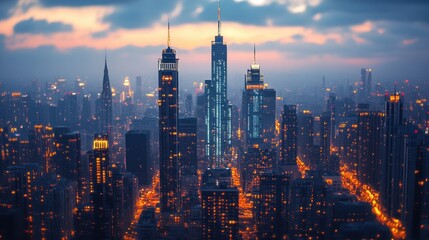 Fototapeta premium A vibrant city skyline displays tall buildings as the sun sets, casting a warm glow over the streets. Twinkling lights reflect the lively atmosphere of urban life. Generative AI