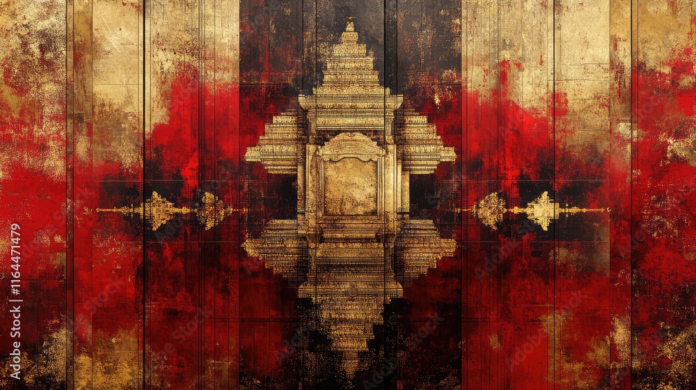 Poster layered abstract design showcasing temple motifs in dynamic red and gold textures for a modern aesth