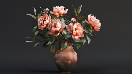 A rustic clay vase containing a big, elegant peony plant with lush, detailed flowers, isolated sharply.