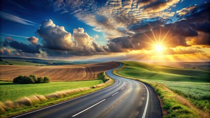 Fototapeta premium Asphalt ribbon curving through idyllic farmland at sunset, bathed in golden light