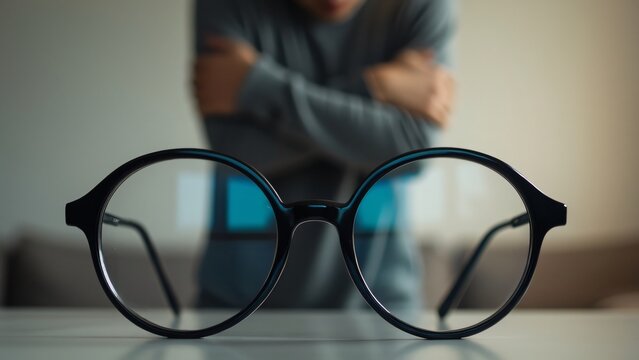 Abstract Out of Focus Person Behind Round Eyeglasses, Mental Health Concept, Vision and Perspective, Psychological Portrait Photography