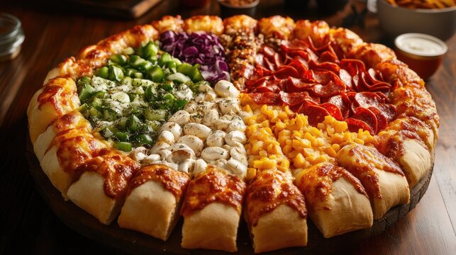 deliciously baked pizza showcasing a vibrant array of toppings including vegetables meats and cheese in a circular presentation - Powered by Adobe