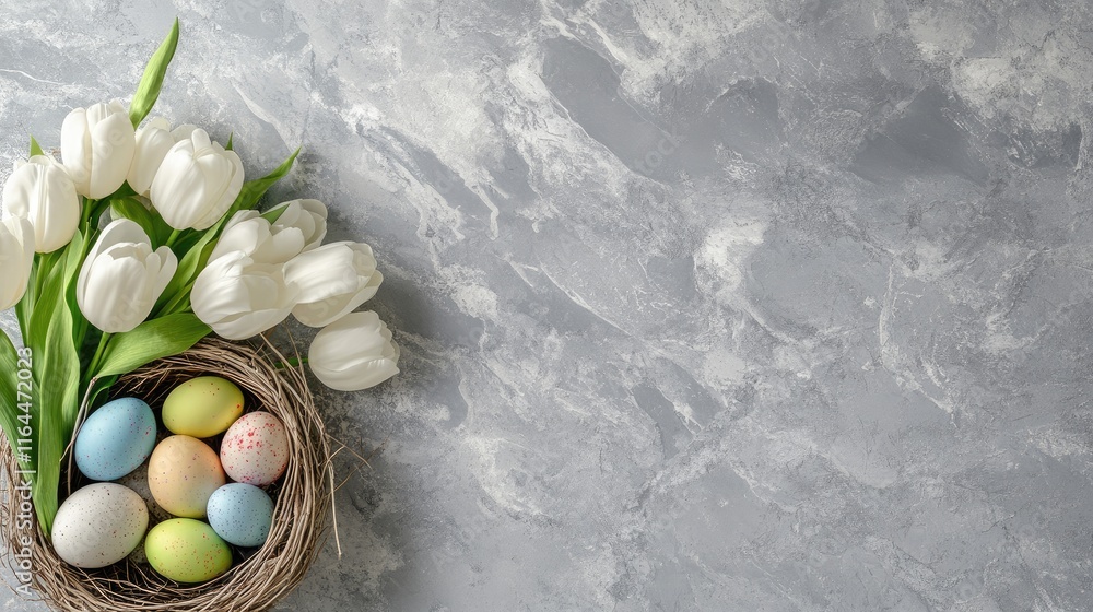 Poster spring holiday arrangement of white tulips and colorful eggs in a nest on a light gray stone backgro