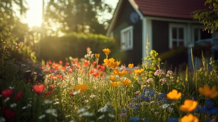 Obraz premium Vibrant wildflowers blooming in a sunlit garden near a charming house surrounded by greenery and serene nature.