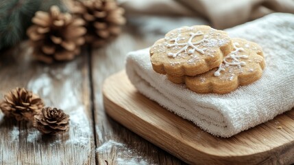 Gingerbread cookies with decorative icing resting on a soft towel over a wooden board surrounded by pinecones and a rustic kitchen setting