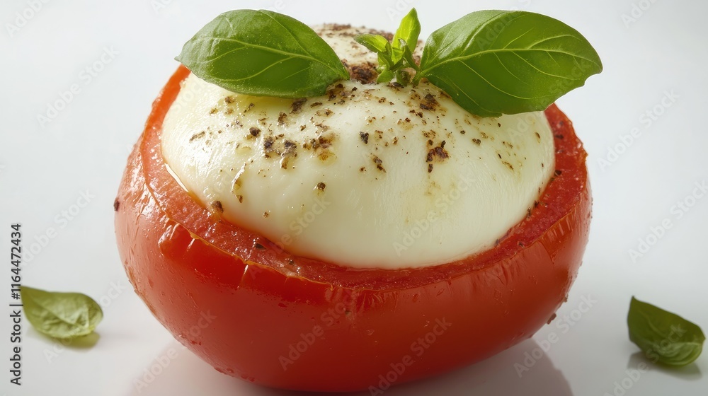 Sticker Baked tomato stuffed with creamy mozzarella cheese topped with fresh basil leaves and spices on a white plate