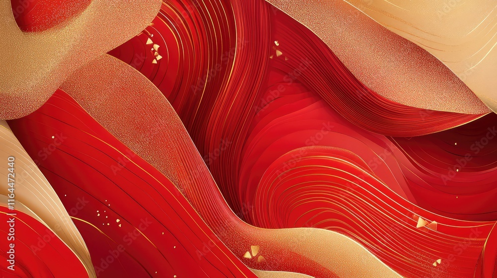 Poster layered abstract design with festive chinese elements, blending smooth red curves and gold highlight