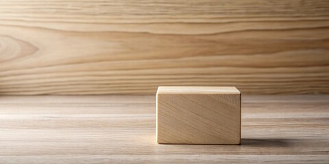 Simple wooden cube on a light wood surface against a wood background