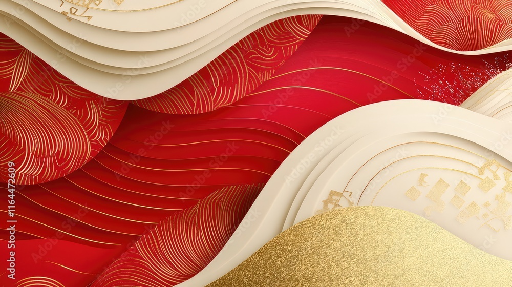 Poster layered abstract design with festive chinese elements, blending smooth red curves and gold highlight