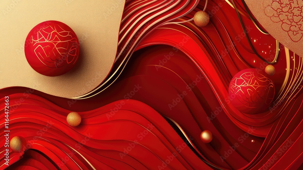 Poster layered abstract design with festive chinese elements, blending smooth red curves and gold highlight