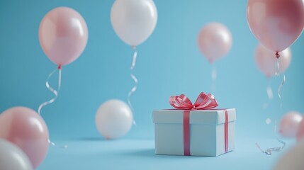 Colorful balloons and a gift box on a blue background for celebrations and festive occasions