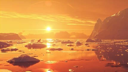 A stunning Arctic landscape at sunset, featuring floating icebergs in a serene body of water. The sky is adorned with warm orange hues, reflecting beautifully on the water's surface. In the foreground