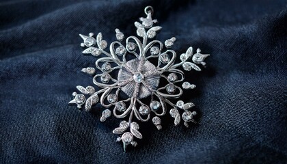 silver snowflake brooch on dark textured fabric
