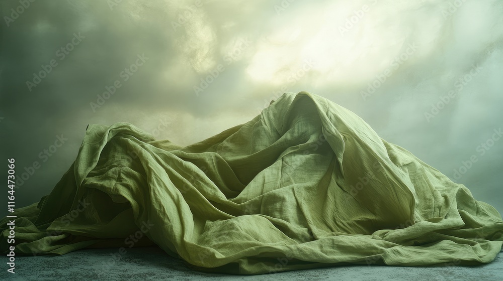 Poster dramatic green fabric draped elegantly over a surface under moody overcast skies creating a captivat
