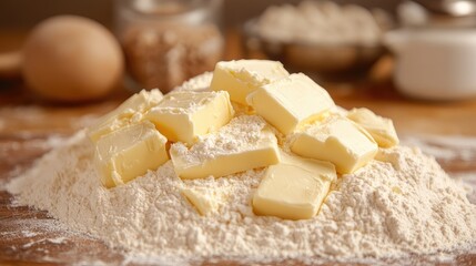 Baker preparing pastry dough by slicing butter into flour with ingredients on wooden surface for homemade pie preparation.