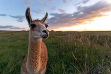A friendly animal stands in a lush green field during a vibrant sunset, showcasing the beauty and tranquility of nature amidst the pastoral landscape and gentle evening light.