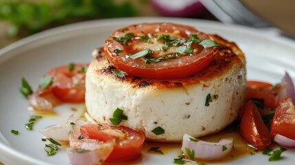 Baked goat cheese topped with fresh tomatoes and onions garnished with herbs on a white plate for a delicious appetizer presentation
