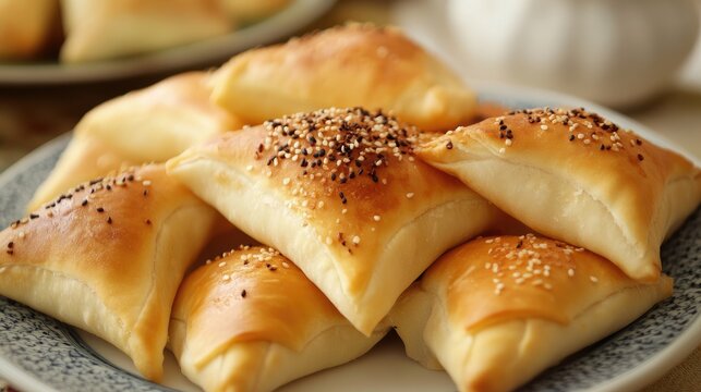 Deliciously baked fatayer and manakeesh pastries arranged on a decorative plate showcasing Middle Eastern culinary delights.