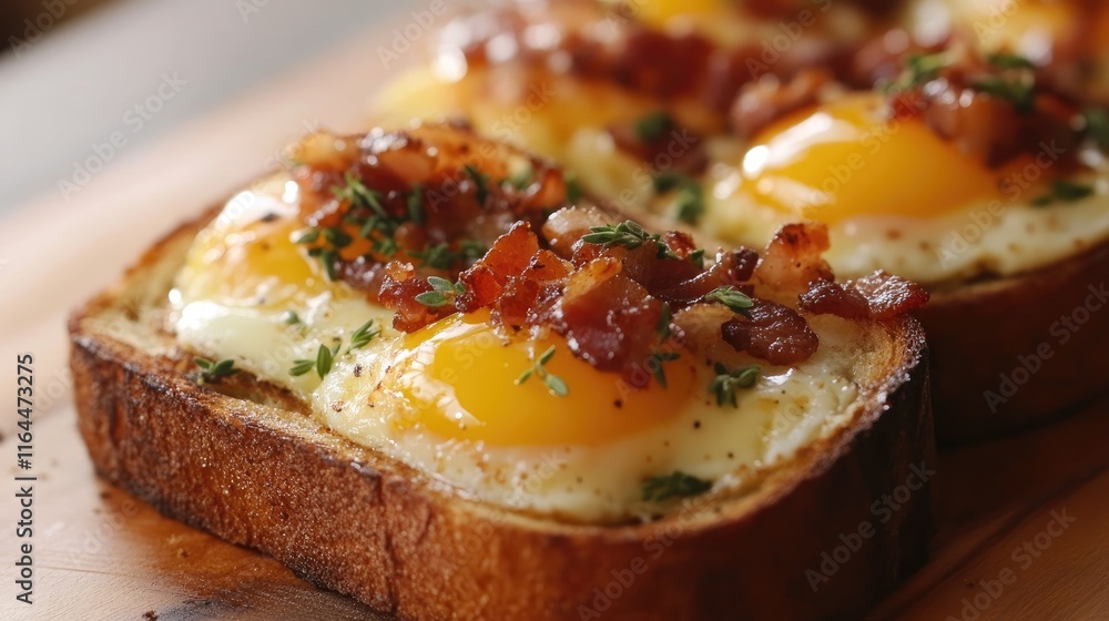 Poster baked egg toast with crispy bacon and fresh thyme garnish on rustic bread slice