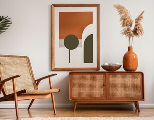 mockup poster frame in a midcentury modern interior with a retro sideboard and wooden armchair