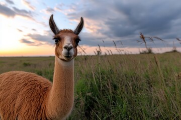 Obraz premium A playful llama curiously approaches the camera, its cheerful expression illuminated by a stunning sunset backdrop, creating a captivating moment in nature's beauty.