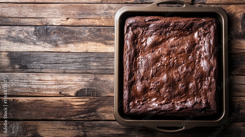 Poster chocolate cake in baking tray resting on rustic wooden table creating a warm and inviting dessert sc