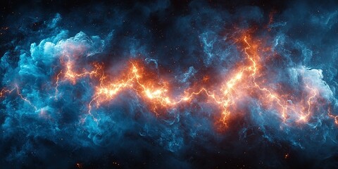 Vibrant cosmic storm with blue and orange hues illuminating the dark expanse of space