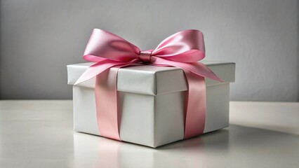 Obraz premium A delicately wrapped present, a square box adorned with a pale pink satin ribbon and bow, sits on a pristine white surface