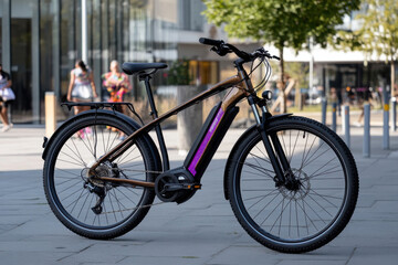 Fototapeta premium A stylish electric bicycle stands ready for action in a vibrant urban environment, showcasing modern mobility solutions and highlighting the trend towards sustainable living.