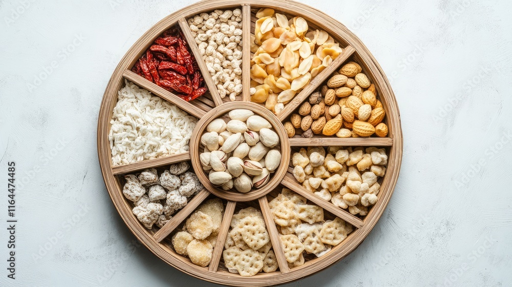 Poster assorted nut snacks arranged in a bamboo platter on a light textured background for culinary or snac