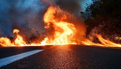 intense fire close up on road with sparks