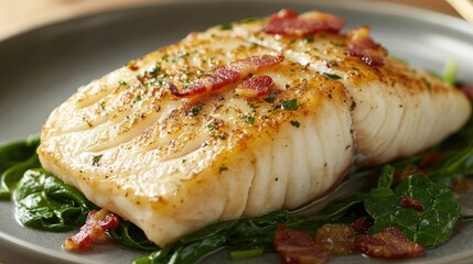 Baked hake fillet with crispy bacon on a bed of fresh spinach served elegantly on a round plate