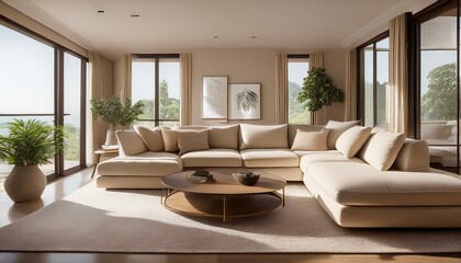 Fototapeta premium beige tones dominate a serene living space plump couches and minimalist decor invite peaceful relaxation