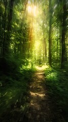 Obraz premium A serene forest pathway illuminated by soft sunlight filtering through lush green trees. The scene captures a tranquil atmosphere with vibrant shades of green, creating a sense of depth and natural be