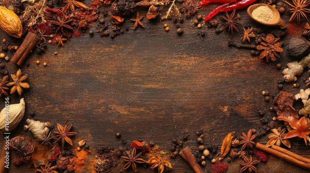 Aufkleber spices and baking ingredients arranged on a rustic wooden background with ample copy space for text 