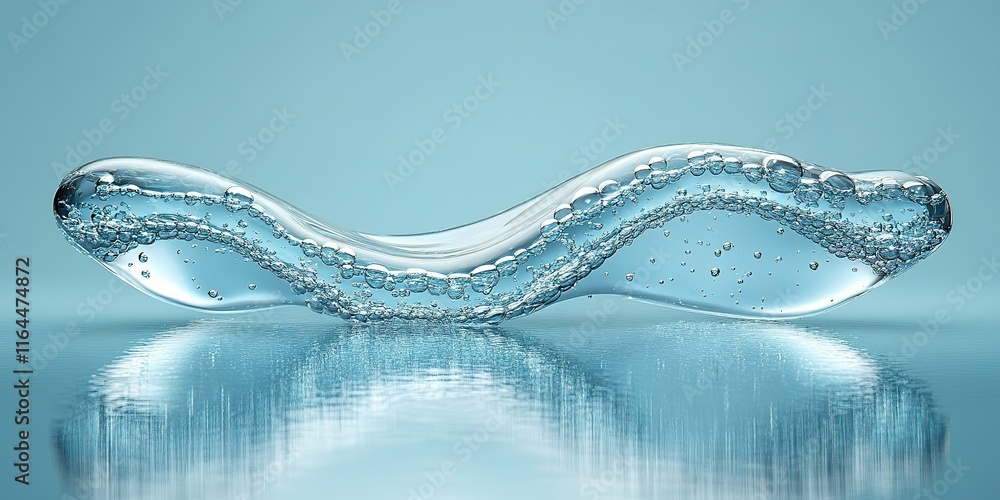 Poster abstract wave shape filled with bubbles reflects light in a tranquil blue setting