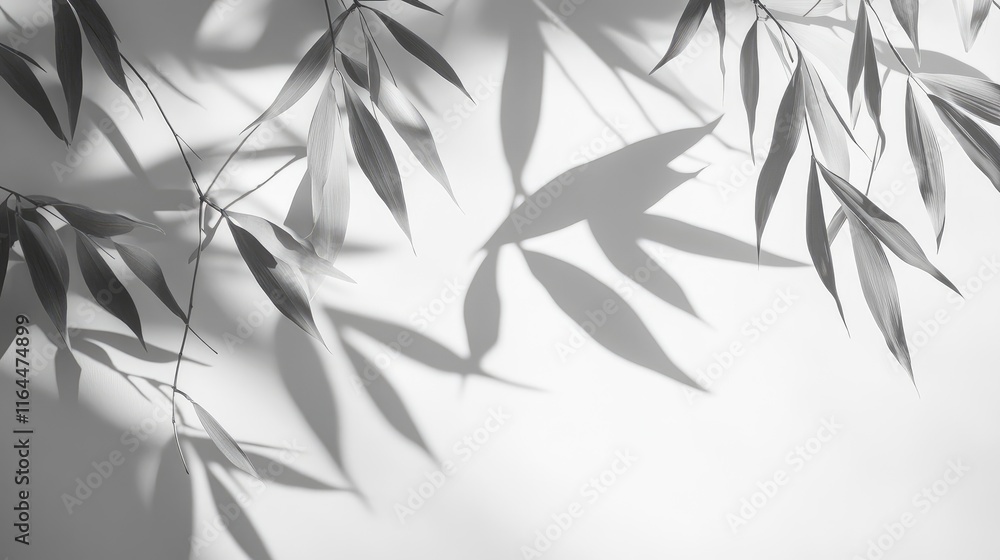 Poster bamboo leaves casting shadows on a white wall with soft natural light creating a serene and calming 