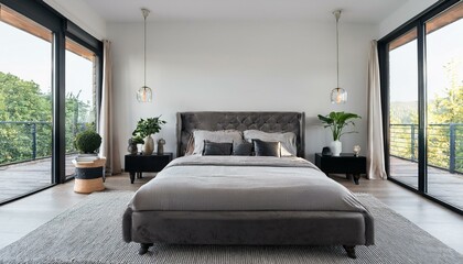 a large bright bedroom a dark backed capitone bed
